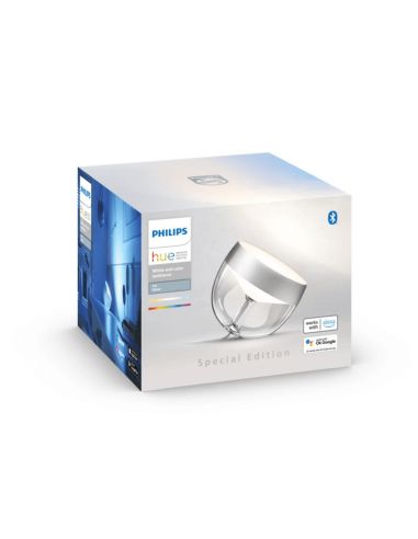 Lámpara de sobremesa LED inteligente Iris plata caja producto | LeonLeds