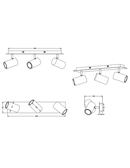 Regleta 3 focos blanca Marley TrioLighting | lámpara de techo Medidas| LeónLeds Iluminación