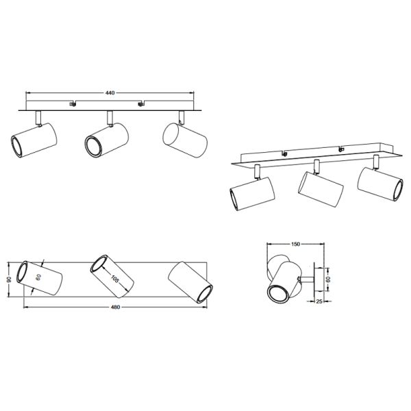 Regleta 3 focos blanca Marley TrioLighting | lámpara de techo Medidas| LeónLeds Iluminación