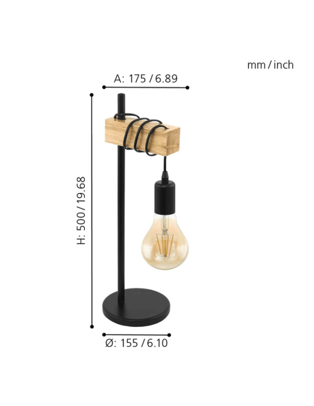 Lampe de Bureau Vintage Townshend 1XE27 Marron de Eglo Measurements | leonleds