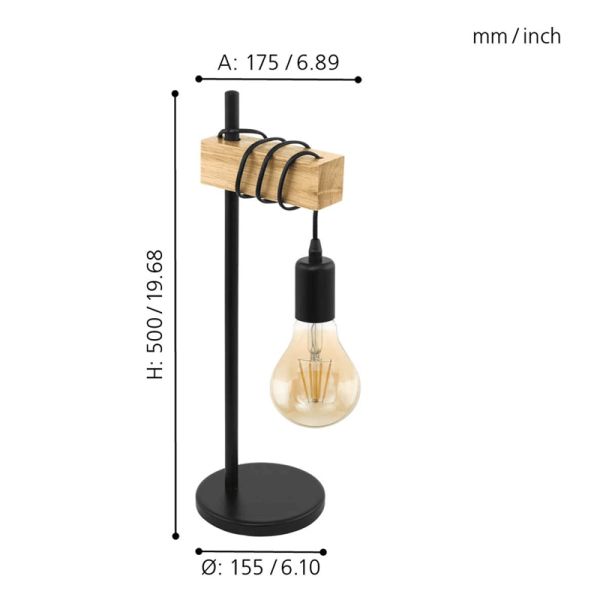 Lámpara de sobremesa vintage Townshend 1XE27marrón de Eglo Medidas | LeonLeds