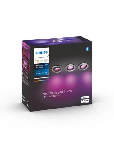 Pack de 3 focos inteligentes Centura aluminio Philips Hue caja producto| LeonLeds