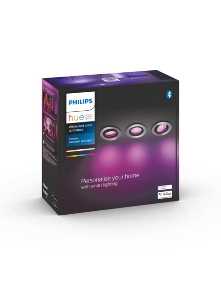 Pack de 3 focos inteligentes Centura aluminio Philips Hue caja producto| LeonLeds