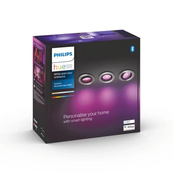 Pack de 3 focos inteligentes Centura aluminio Philips Hue caja producto| LeonLeds