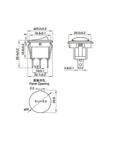 Dimensões Interruptor preto com luz para instalação em painel 20A 12v Monopolar Agropar | LeonLeds