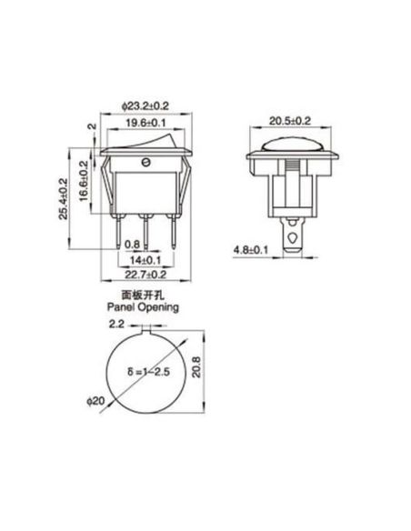 Dimensiones Interruptor negro con Luminoso para instalar en panel 20A 12v Monopolar Agropar | LeonLeds