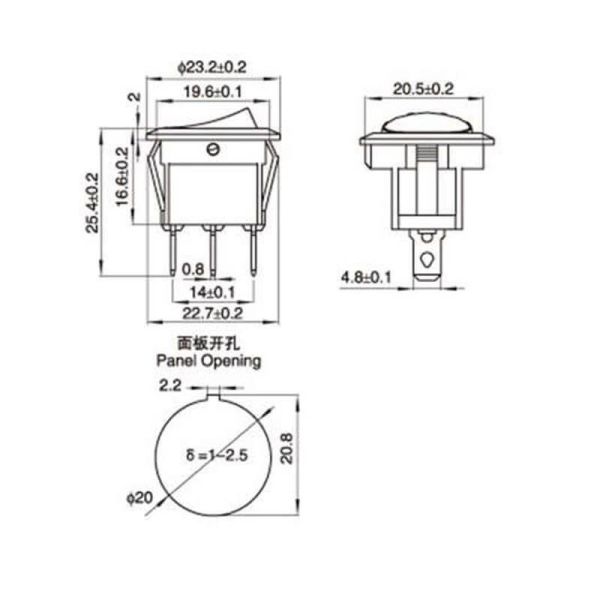 Dimensions Interrupteur noir avec lumière pour installation dans panneau 20A 12v Monopolaire Agropar | LeonLeds
