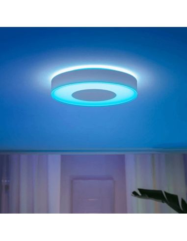Candeeiro de tecto LED inteligente Philips Hue Infuse L detalhe branco luz azul