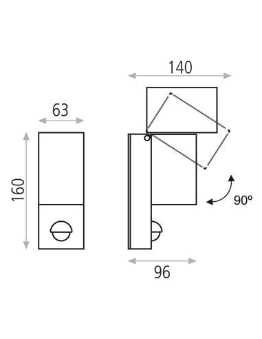 Applique murale d'extérieur LED orientable avec détecteur de mouvement Cala gris foncé carré 3000K 5,6W 610Lm Mesures IP54
