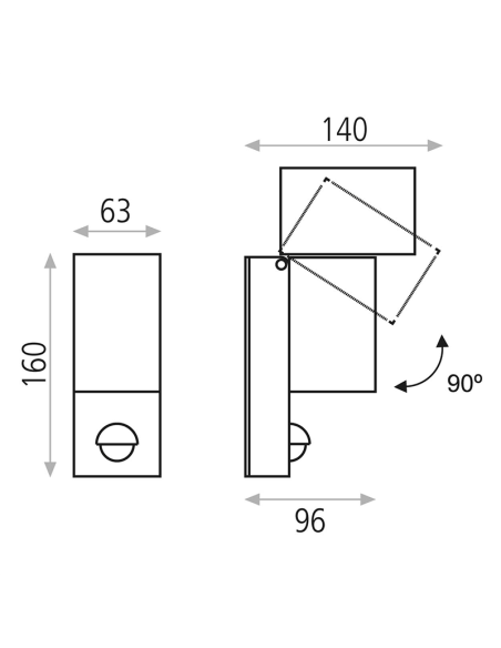 Applique murale d'extérieur LED orientable avec détecteur de mouvement Cala gris foncé carré 3000K 5,6W 610Lm Mesures IP54