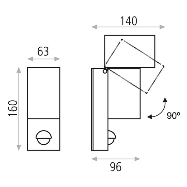 Applique murale d'extérieur LED orientable avec détecteur de mouvement Cala gris foncé carré 3000K 5,6W 610Lm Mesures IP54