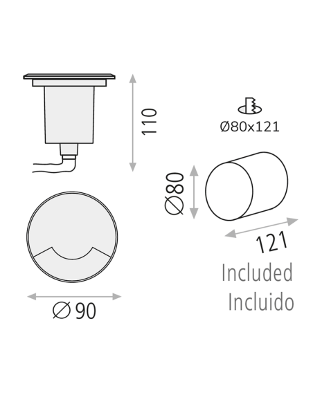 Empotrable LED exterior suelo aluminio Indus con 1 Luz  GU10 8W IP67 medidas