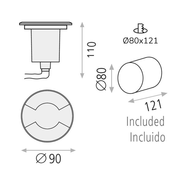Empotrable LED exterior suelo aluminio Indus con 2 Luces  GU10 8W IP67 medidas