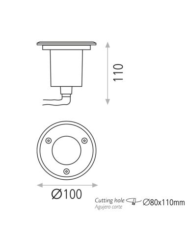 Piso LED externo embutido Nemo Aço Inoxidável GU10 8W IP67 medidas