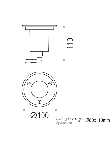 Piso LED externo embutido Nemo Aço Inoxidável GU10 8W IP67 medidas