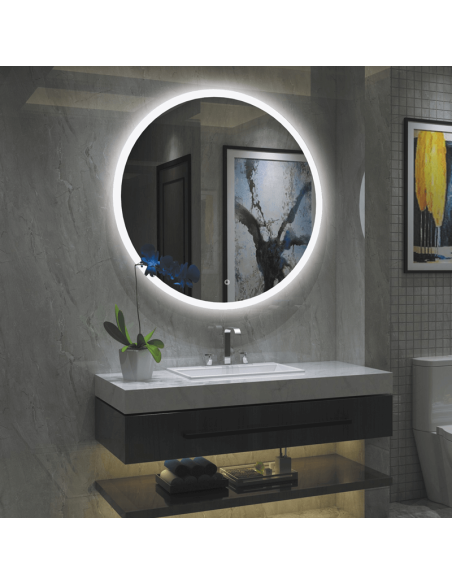 Miroir avec lumière LED ronde Petra, bouton tactile 43W 3000K 3063Lm environnement IP44