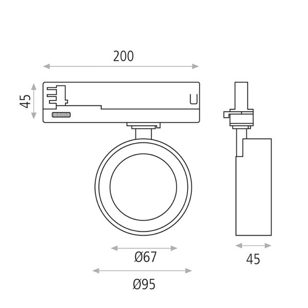 Spot sur rail rond orientable Mako blanc 20W 3000K 1875Lm mesures