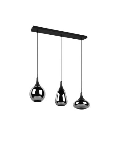 Lámpara de techo colgante negra vidrio ahumado 3 luces 40W apagada detalle