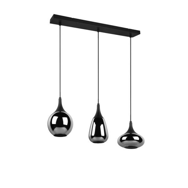 Lámpara de techo colgante negra vidrio ahumado 3 luces 40W apagada detalle