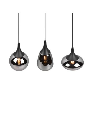 Lámpara de techo colgante negra vidrio ahumado 3 luces 40W tulipa detalle