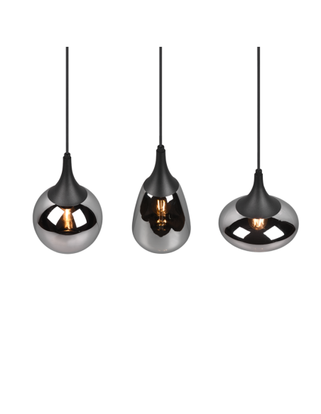 Lámpara de techo colgante negra vidrio ahumado 3 luces 40W tulipa detalle