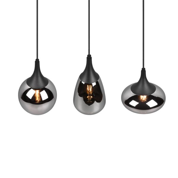 Lámpara de techo colgante negra vidrio ahumado 3 luces 40W tulipa detalle