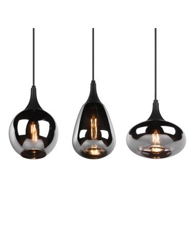 Lámpara de techo colgante negra vidrio ahumado 3 luces 40W tulipa luz encendida detalle