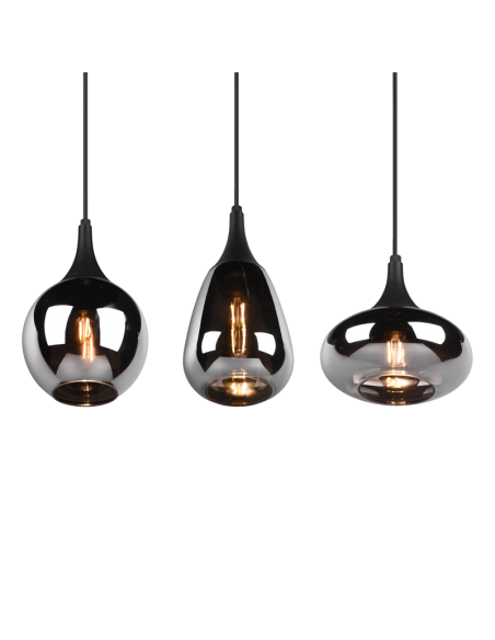 Lámpara de techo colgante negra vidrio ahumado 3 luces 40W tulipa luz encendida detalle