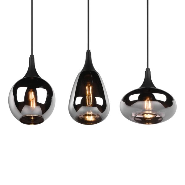 Lámpara de techo colgante negra vidrio ahumado 3 luces 40W tulipa luz encendida detalle