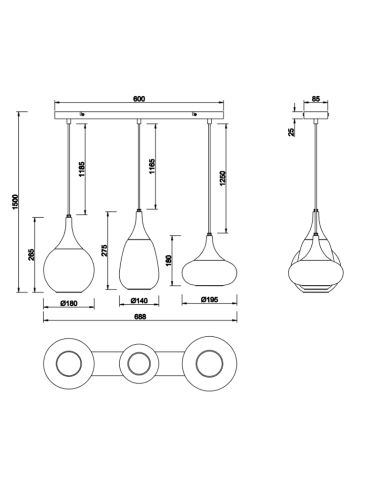 Lámpara de techo colgante negra vidrio ahumado 3 luces 40W hoja de datos