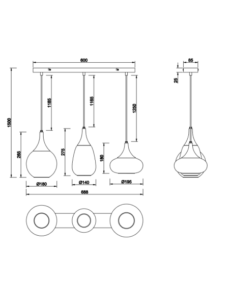 Lámpara de techo colgante negra vidrio ahumado 3 luces 40W hoja de datos