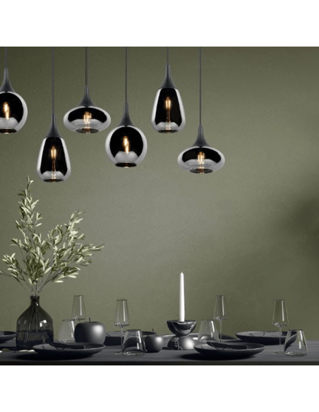 Lámpara de techo colgante negra vidrio ahumado 6 luces 40W foto ambiente