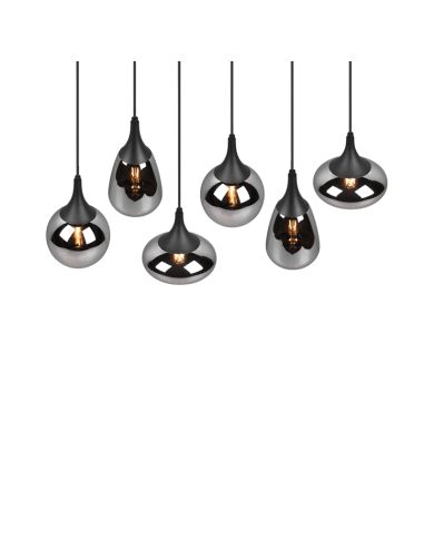 Lámpara de techo colgante negra vidrio ahumado 6 luces 40W detalle luz encedida