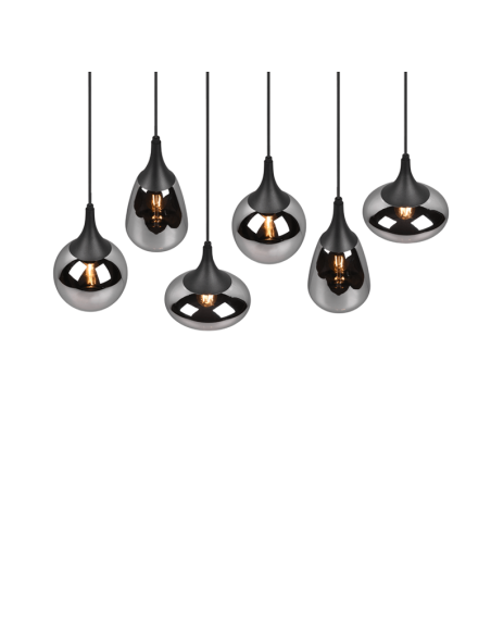Lámpara de techo colgante negra vidrio ahumado 6 luces 40W detalle luz encedida