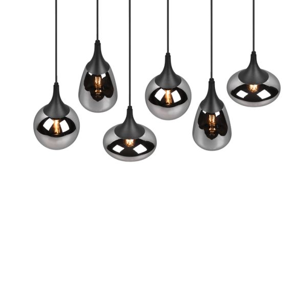 Luminária de teto pendente preta vidro fumê 6 luzes 40W luz detalhada acesa