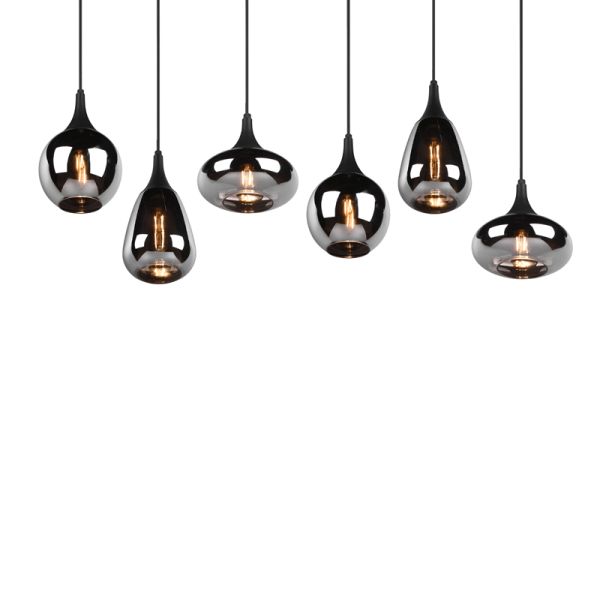 Luminária de teto suspensa preta vidro fumê 6 luzes 40W detalhe do produto