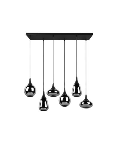 Lámpara de techo colgante negra vidrio ahumado 6 luces 40W vista apagada
