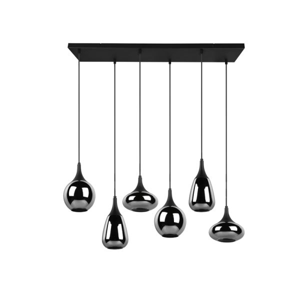Lámpara de techo colgante negra vidrio ahumado 6 luces 40W vista apagada