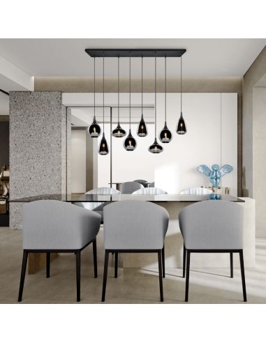 Lámpara de techo colgante negra vidrio ahumado 8 luces 40W en un comedor