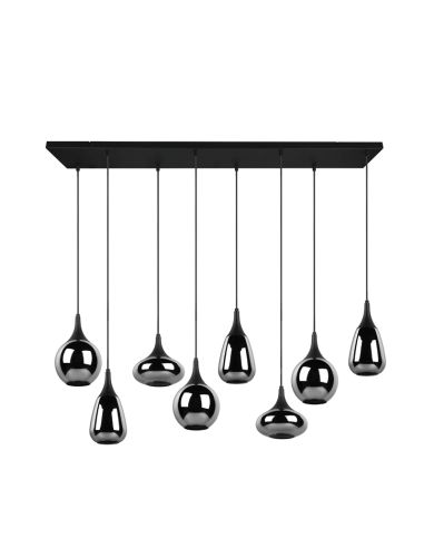Luminária de teto pendente preta vidro fumê 8 luzes 40W detalhe desligado