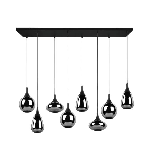 Luminária de teto pendente preta vidro fumê 8 luzes 40W detalhe desligado