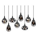 Lámpara de techo colgante negra vidrio ahumado 8 luces 40W detalle luz encendida