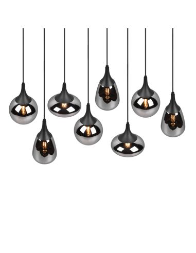 Lámpara de techo colgante negra vidrio ahumado 8 luces 40W detalle luz encendida
