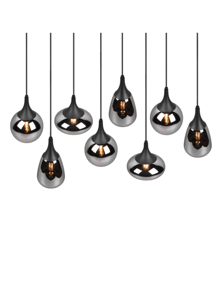 Lámpara de techo colgante negra vidrio ahumado 8 luces 40W detalle luz encendida