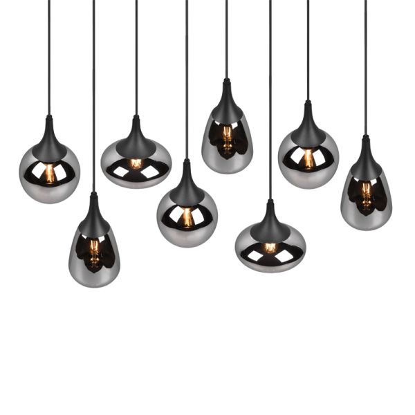 Lámpara de techo colgante negra vidrio ahumado 8 luces 40W detalle luz encendida