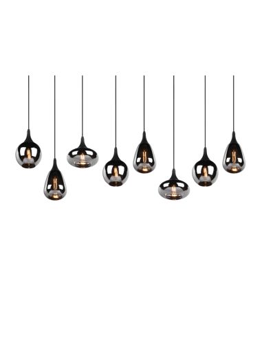 Lámpara de techo colgante negra vidrio ahumado 8 luces 40W detalle tulipas ahumadas