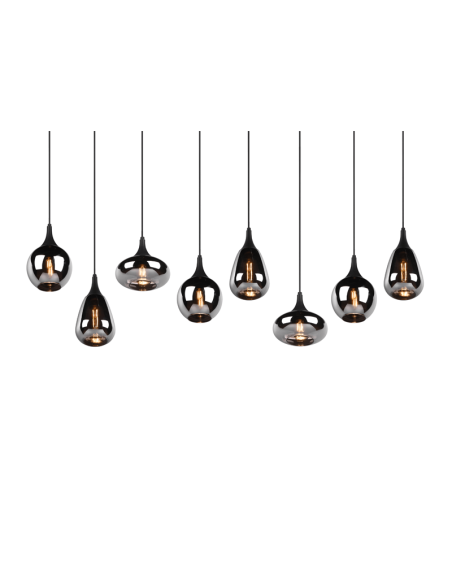 Luminária de teto suspensa preta vidro fumê 8 luzes 40W detalhe abajures fumê