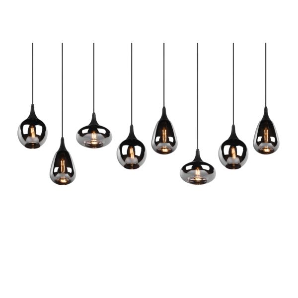 Plafonnier suspension noir verre fumé 8 lumières 40W détail abat-jour fumé