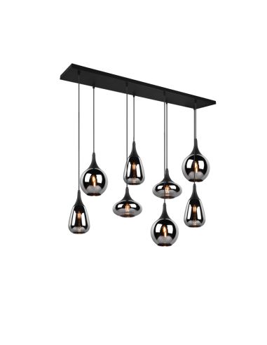 Lámpara de techo colgante negra vidrio ahumado 8 luces 40W vista frontal encendida