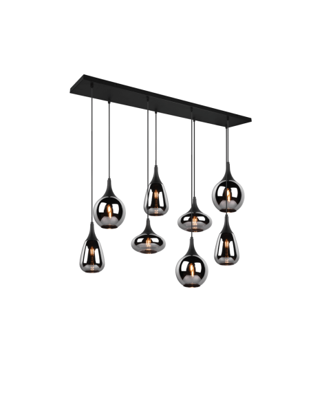 Luminária de teto pingente preta vidro fumê 8 luzes 40 W vista frontal ligada